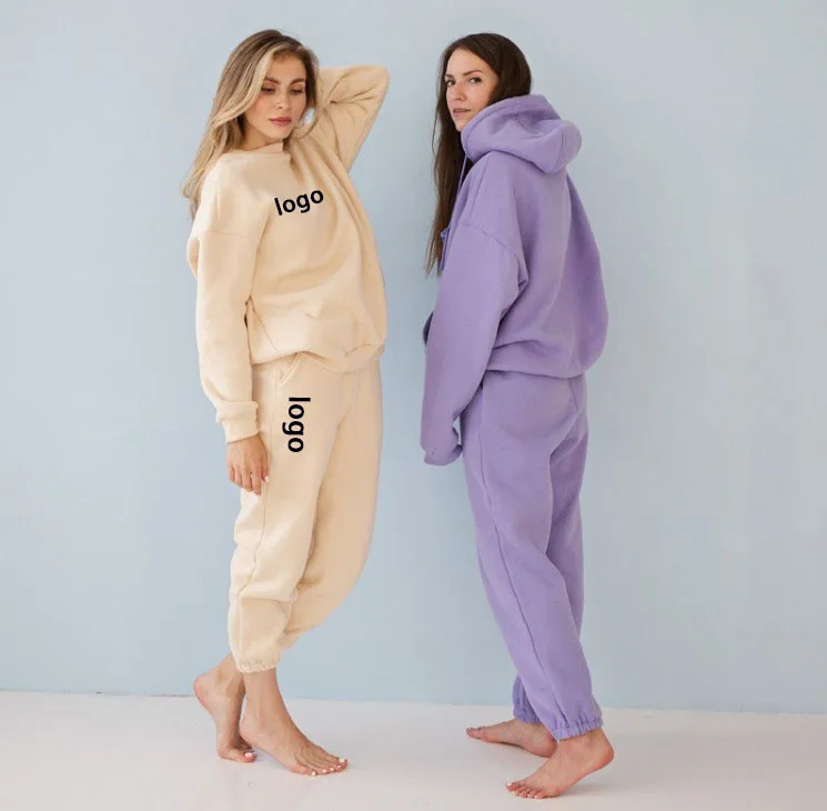 

Women Causal Plain Loose 2 Pieces Drawstring Jogger Sweatpants Crop Thick Fleece Hoodie Two Piece Set