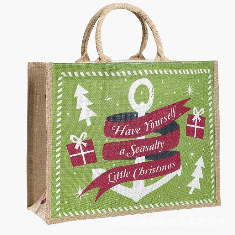 

Reusable Eco Christmas Santa Personalized CMYK Digital Printing Fashion Green Jute Shopping Shoulder Tote Bag, Custom printing
