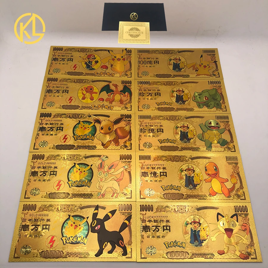 

16 Designs Cute Animals Pikachu Ticket Gold Souvenir Banknote Japan Anime Souvenir gifts and collection cards For Commemorate