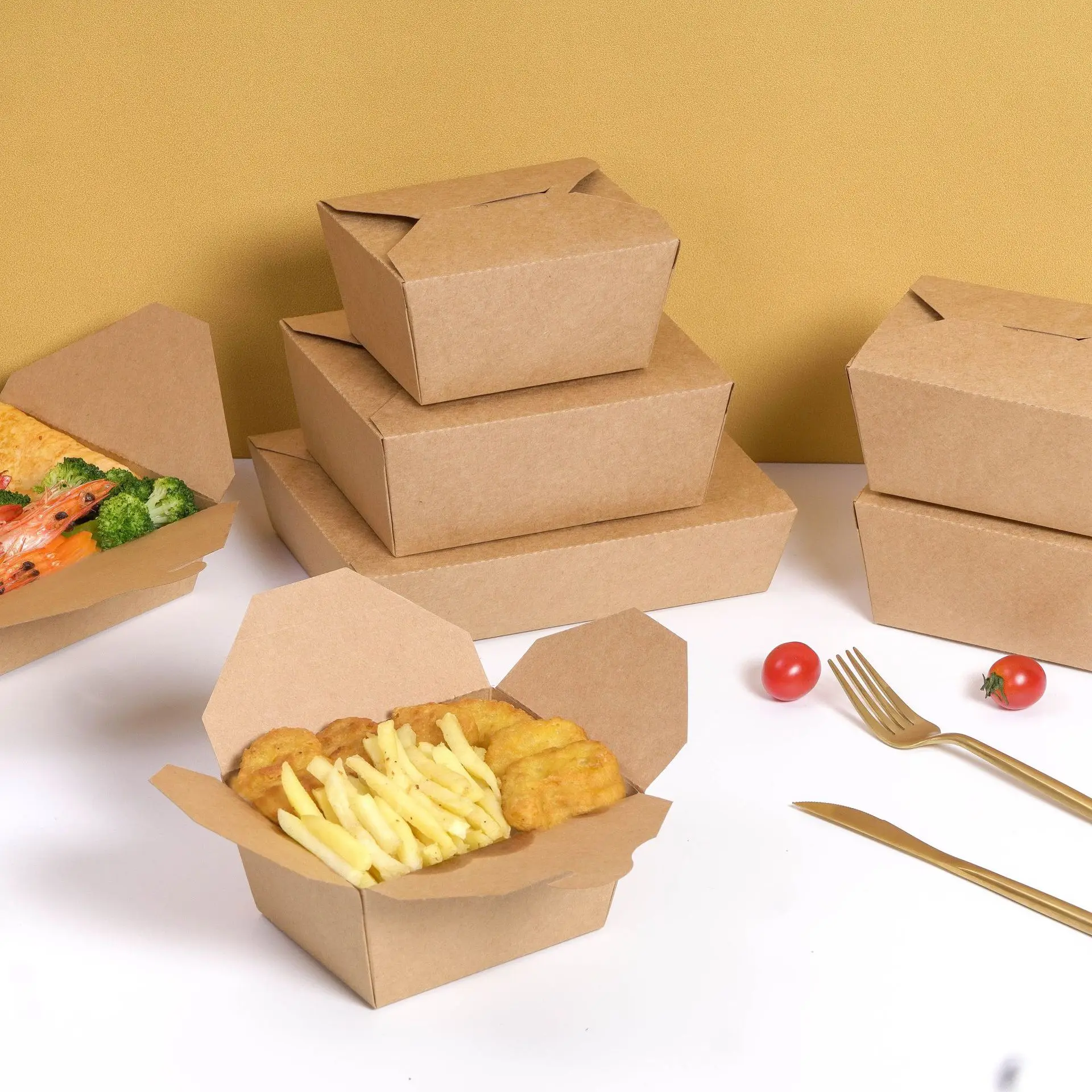 

wholesale Disposable Recycle Food Grade Container Packaging Brown Paper Fast Food Take Away Takeaway Kraft Paper Food Lunch Box