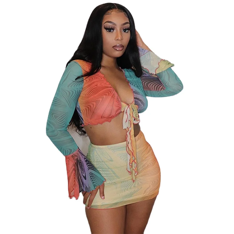 

See Through Mesh Long Sleeve Top Short Skirts Set Two Piece Crop Top Skirt Sets Women 2 Piece Outfits, Colorful