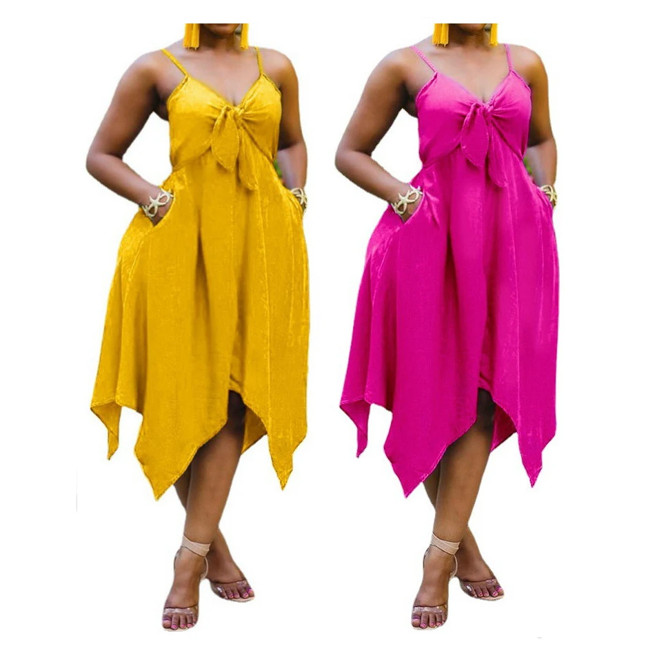 

Foma TB5275 women summer 2021 casual dresses plus size v neck tie Irregular skirt sexy backless slip long dress, 2 colors