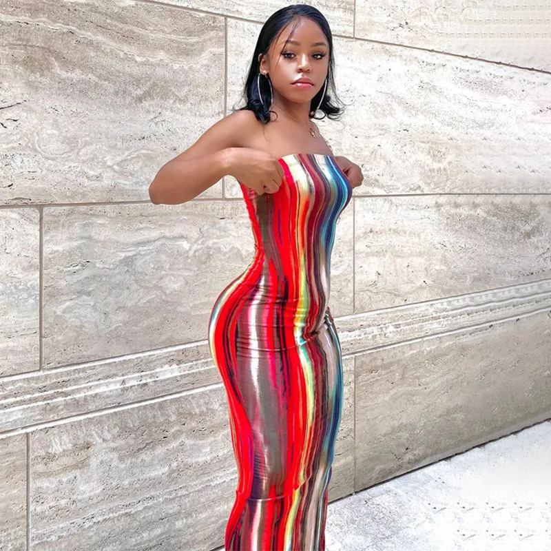 

2021 New arrivals spring women clothing casual dresses elegant off shoulder colorful printed stripe bodycon dress, Photos show