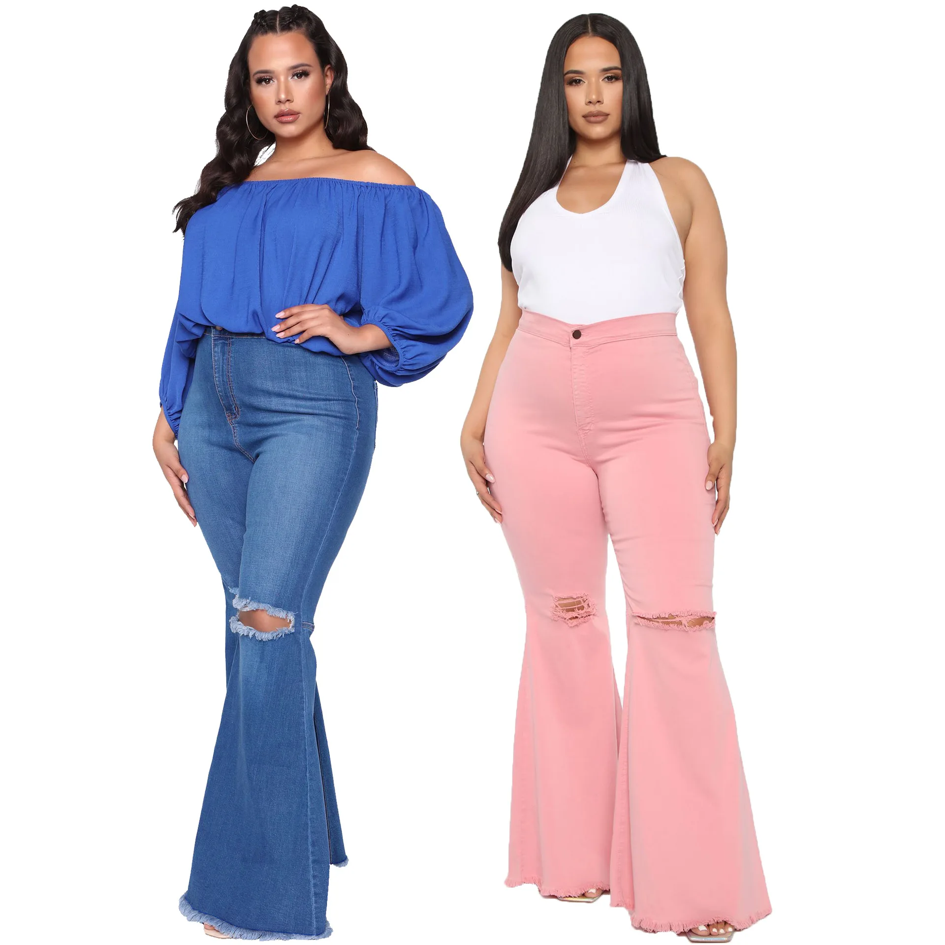

Ripped High Waist Plus Size Jeans For Fat Women, White, light blue, dark blue