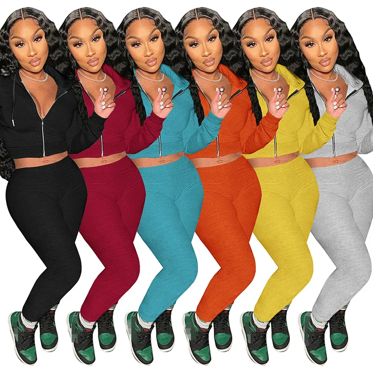 

M2595 - pants and top fashion casual solid hooded zipper long sleeve women 2 piece set