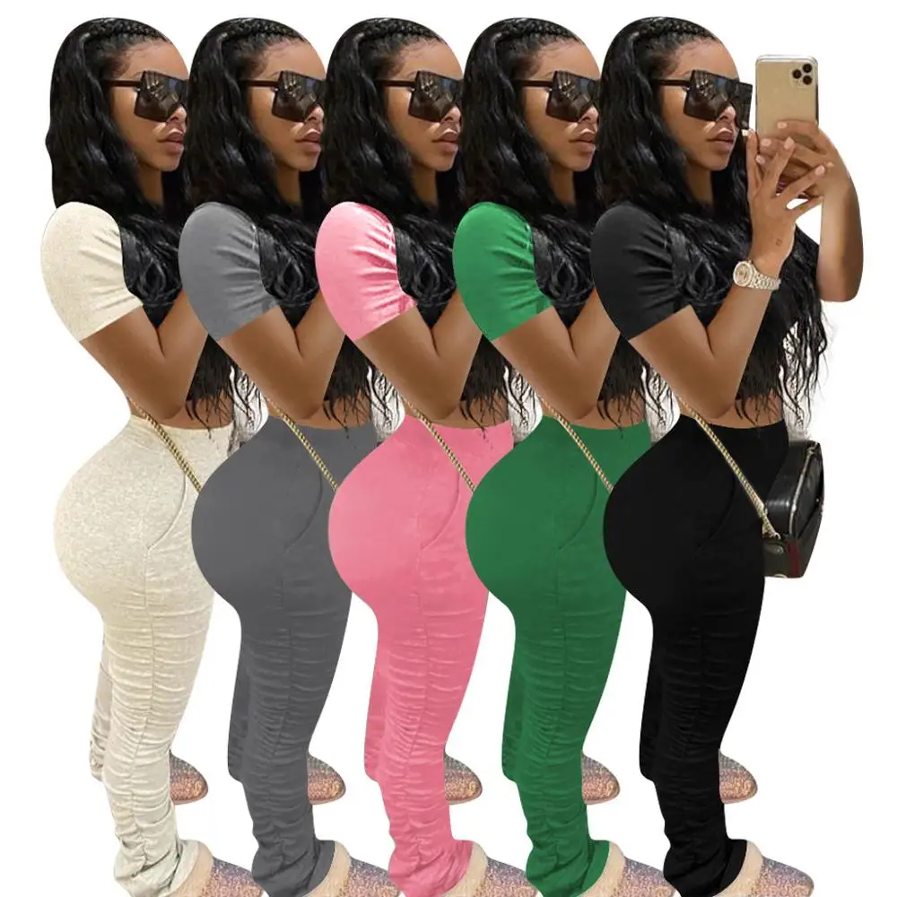 

2020 Fashion Solid Two Piece Set Outfits 2 Piece Shorts Set Women Clothing Stacked Sweat Pants