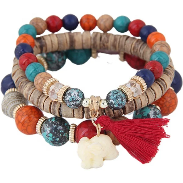 

Factory Wholesale Charm Bracelet Fashionable Wooden Making Multilayer Bohemia Beach Bracelet, Red/ black/white/colorful