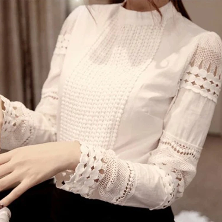 

Elegant Women White Long Sleeve Shirts Lace Hook Flower Ladies Tops Casual Plus Size Blouses