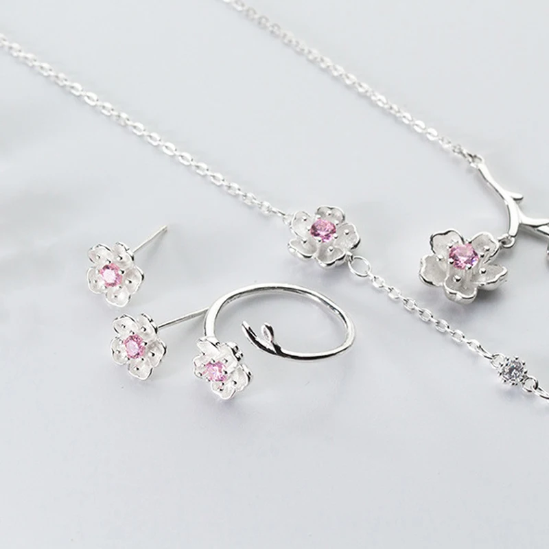 

Really 100% 925 sterling silver jewelry set Fashion Pink zircon Flower necklace ring earring set wholesale