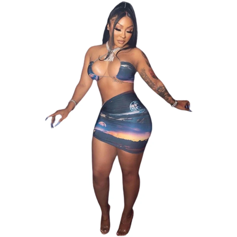

DL10797 Pretty Steps 2021 Spaghetti Strap Hollow Out Cropped Top Bodycon short Skirt Suit mini skirt set sexy mesh, Blue
