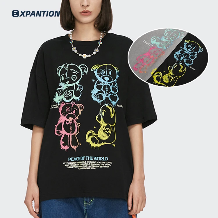 

EXP summer hip pop streetwear drop shoulder cotton cartoon graphic print sublimation t shirt, 2 colors