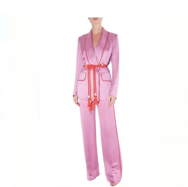 

2020 Fashion hot style pink color hunched shoulders woman suit two long sleeve suit jacket + trouser suit, Shown