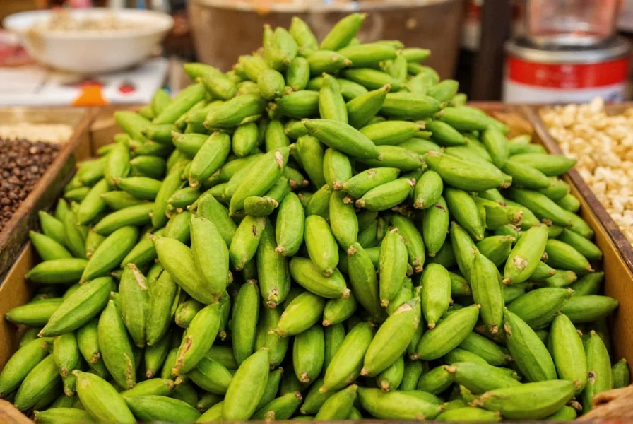 Fresh green cardamom pods displayed in a spice market with vibrant color and visible seeds