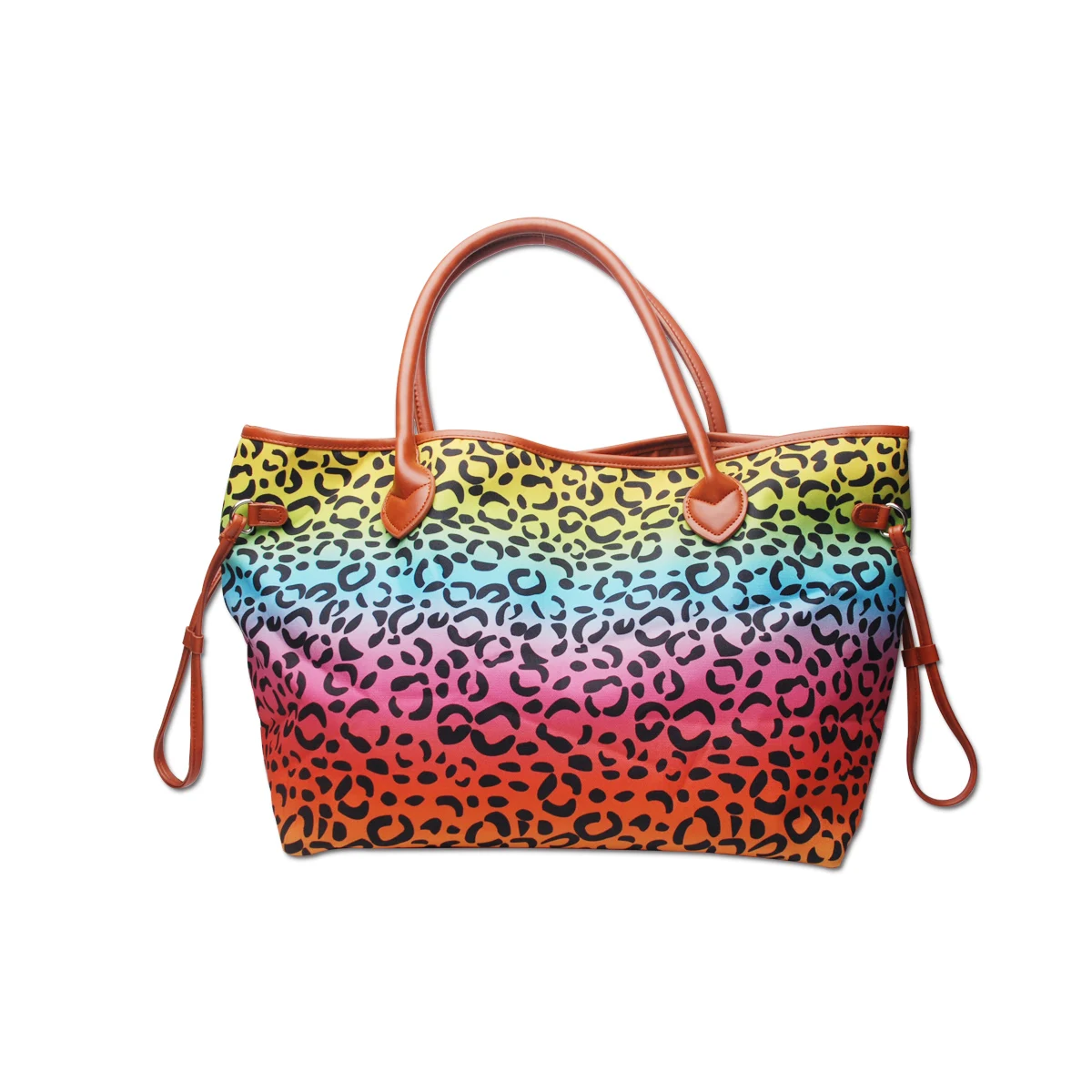 

Wholesale Colorful Rain Bow Canvas Leopard Tote Weekender Bag Tote Bag DOM113388 Women Purse with PU Handle