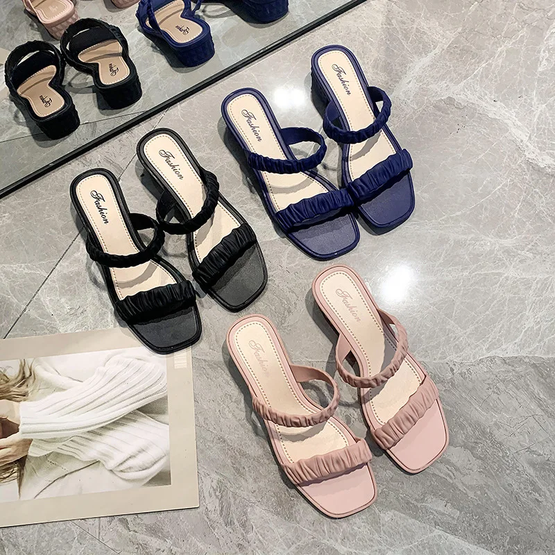 

casual shoes Outer wear fashionable mid heel one word thick heel open toed shoes square toe women s slippers