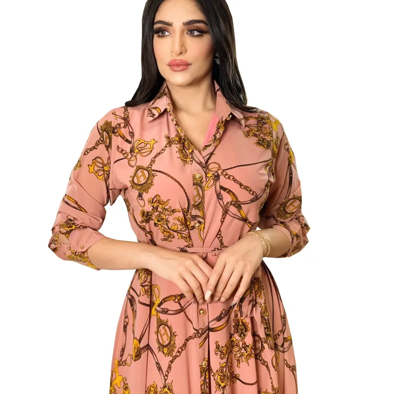 

New plus size Muslim abaya printed lace-up long dress