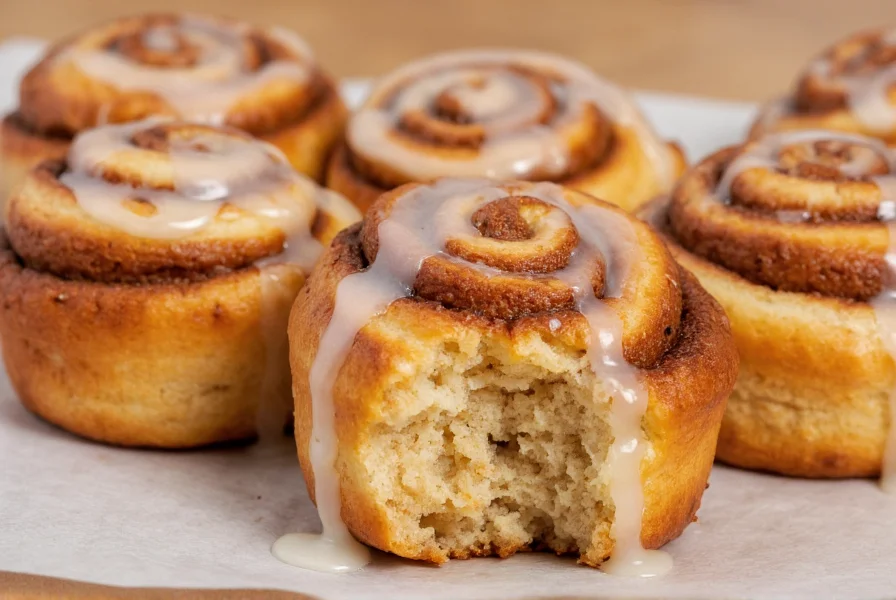Finished homemade cinnamon buns with glossy icing drizzled on top, showing soft interior swirl
