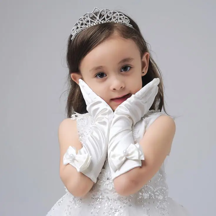 

Wedding Flower Girls Party Bowknot Gloves Mittens Ceremony Communion Dress Accessories Kids Children long Gloves