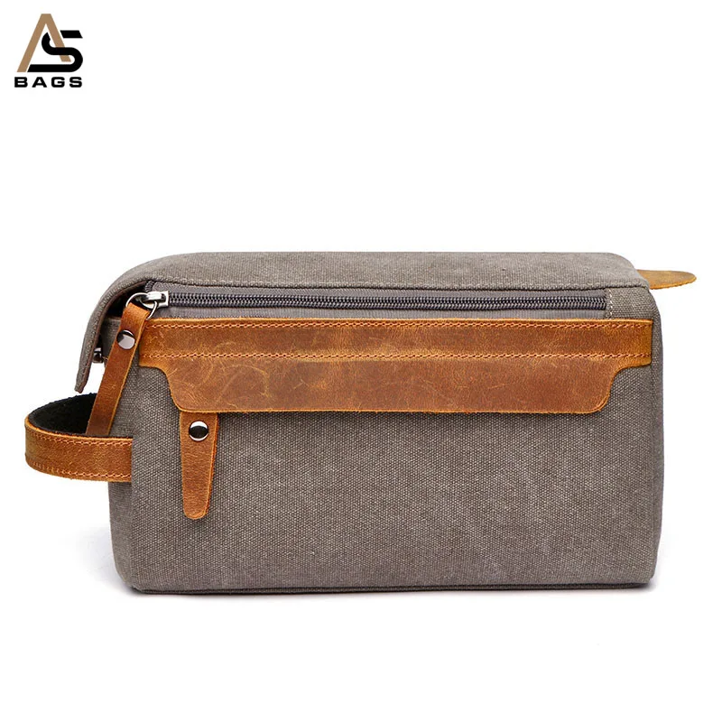 

Aosheng Guangdong oem high quality genuine leather cotton canvas travel mens toiletry bag, Black/coffee/kakhi/blue/grey/army green/customized