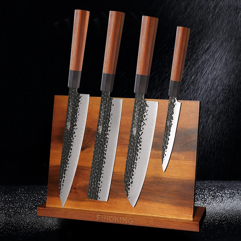 

4pcs in one kitchen knife set by Findking-Dynasty series-3 layer 9CR18MOV clad steel w/octagon handle chef knife set, Black,customizable