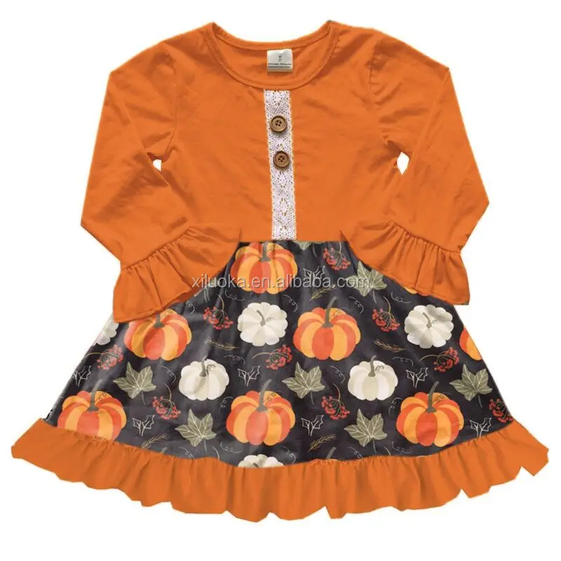 

New Fashion Fall Clothing Ruffle Long Sleeve Girls Halloween Pumpkin Twirl Dress, Picture