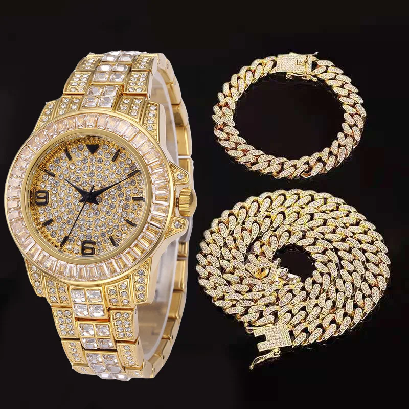 

New Fashion Hip Hop Men Watch set Luxury Branded Bling Iced Out gold plated jewelry Cuban Chain Necklace Watch Sets, 3 colors