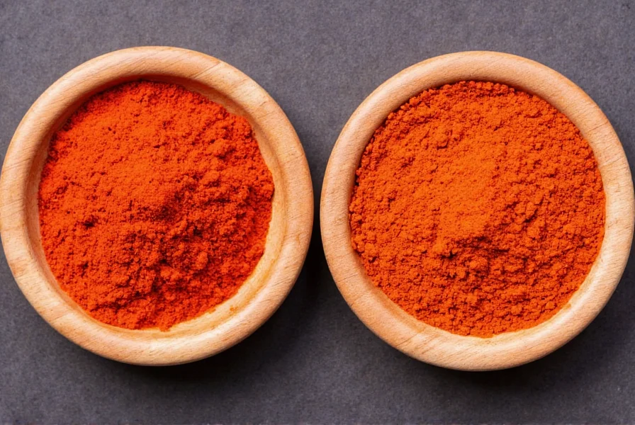 Close-up comparison of red chili powder and cayenne pepper in spice jars showing color differences