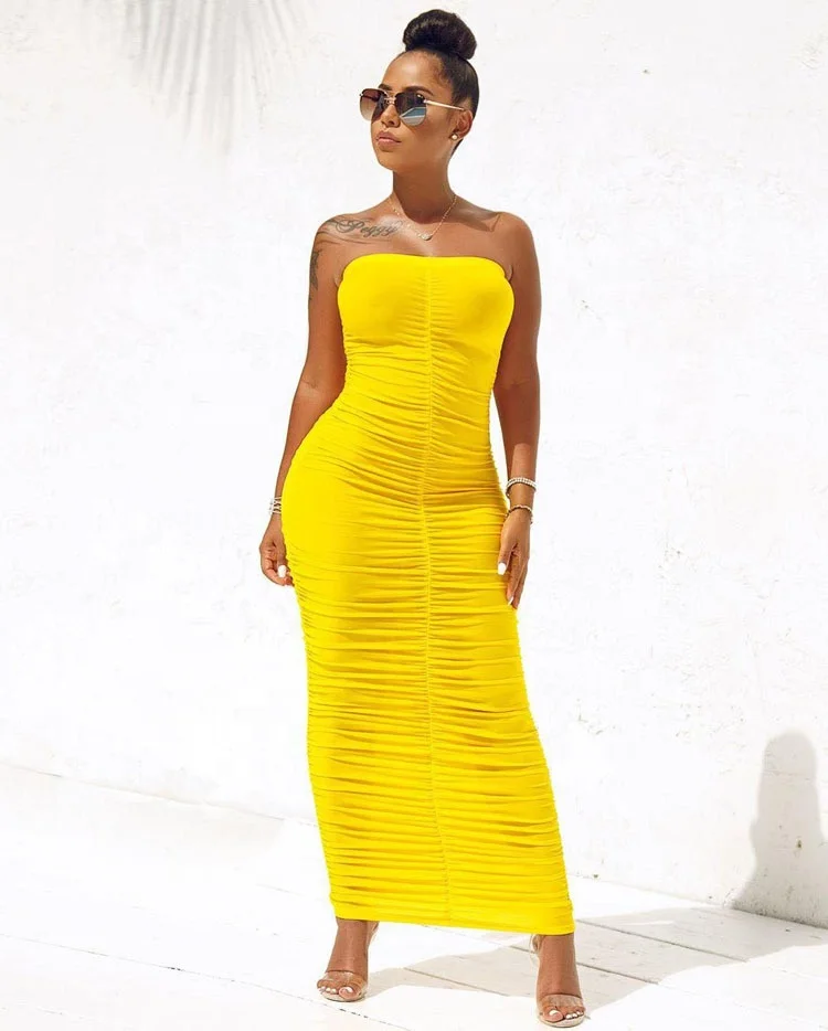 

DLL-H059 Best selling solid sexy pleated tube dress high elastic woman clothing summer bodycon maxi dresses women, As picture or customized make