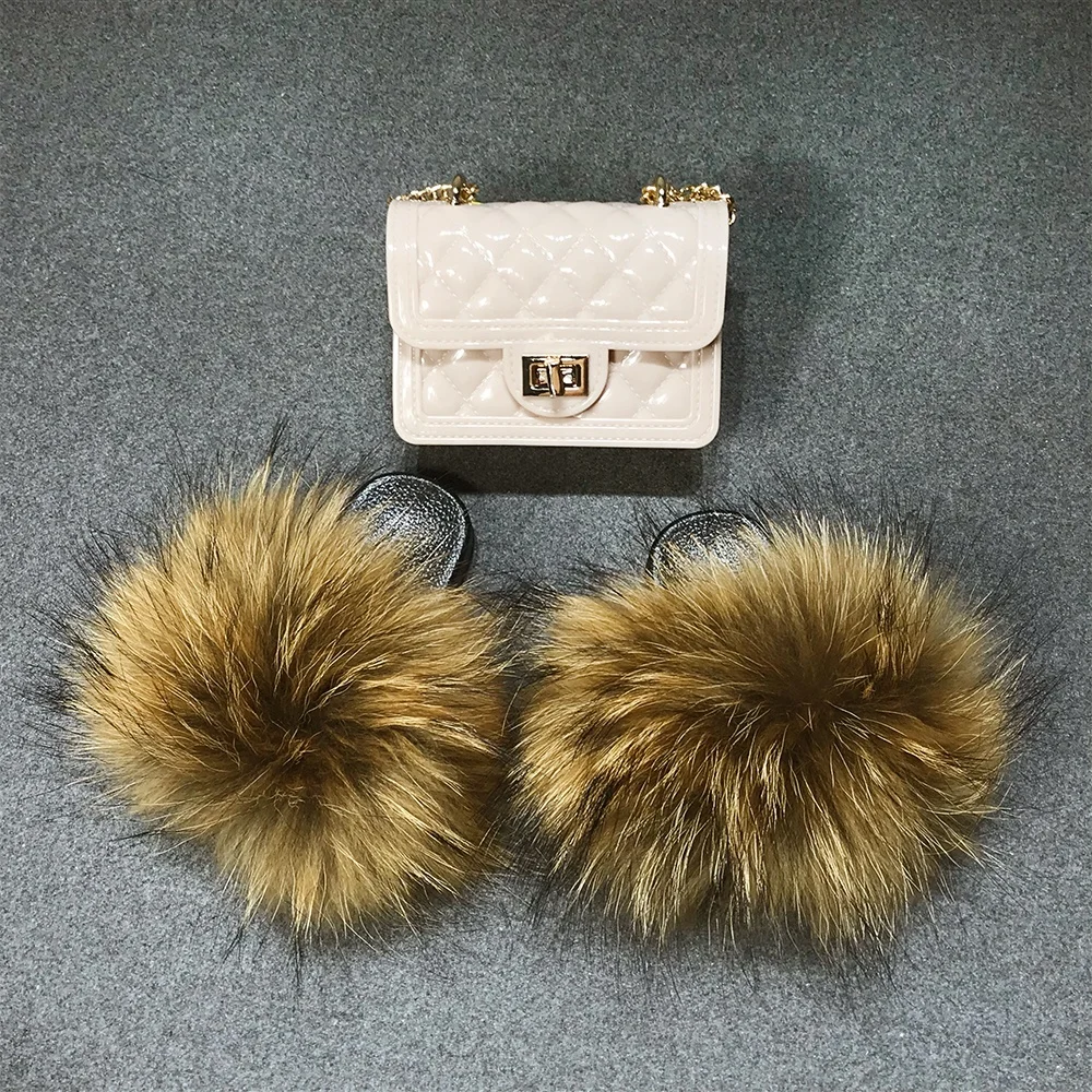 

vendors New 1c-10c Mixed Colors Fashionable Real Fox Fur Slippers with strap jelly bag set Raccoon Fur Cute Kids Sets, As picture show or customized