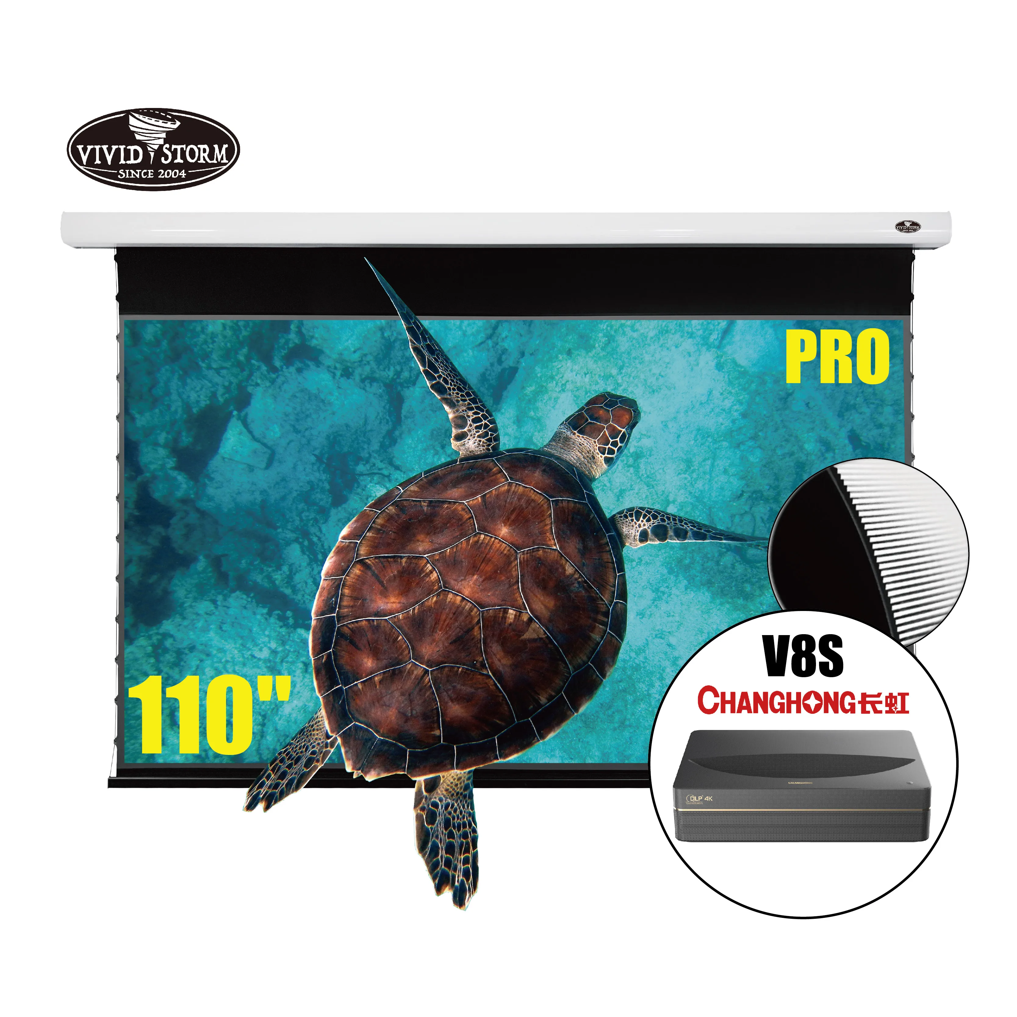 

VIVIDSTORM 110 inch PRO Slimline Electric tab-tensioned UST ambient light rejecting projector with CHANGHONG V8S laser projector