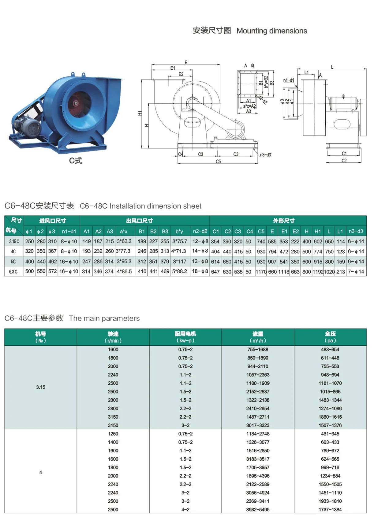 C6-48A/C factory workshop industrial centrifugal dust inflatable blower exhaust extraction fan