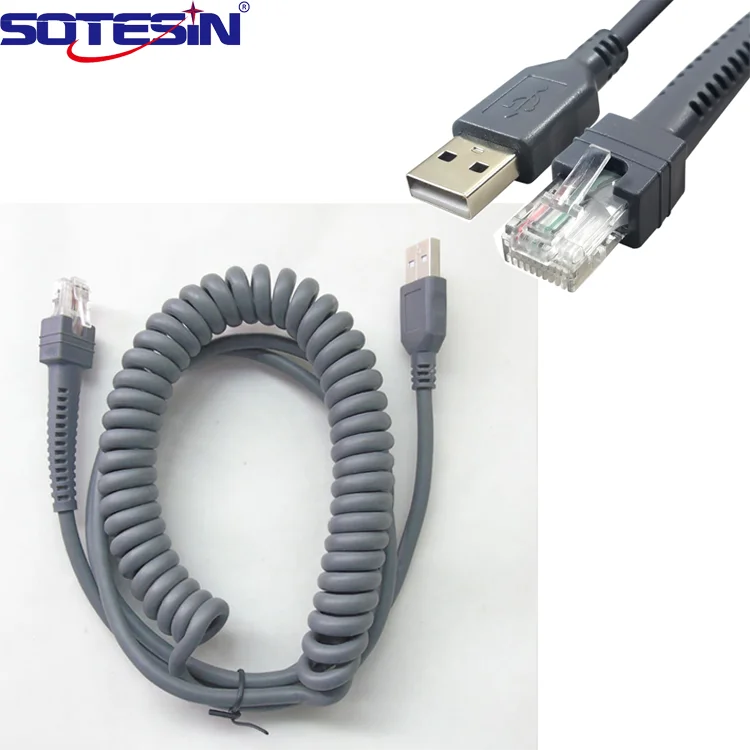 

3m Usb a Male To RJ45 Spring Coiled Spiral Data Cable For Zebra Symbol Ls3408 Ls2208 Barcode Scanner Usb Cables, Gray