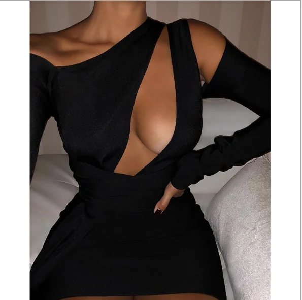 

new style hot seal pure color long sleeve hollow out anomaly hip bodycon dress clothes dresses women