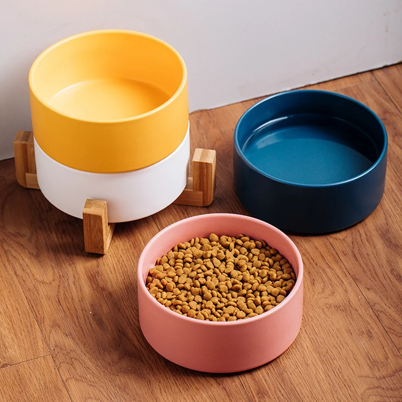 

LIHONG Elevated dog bowl non slip ceramic cat bowl with wooden stand for pet, Many colors