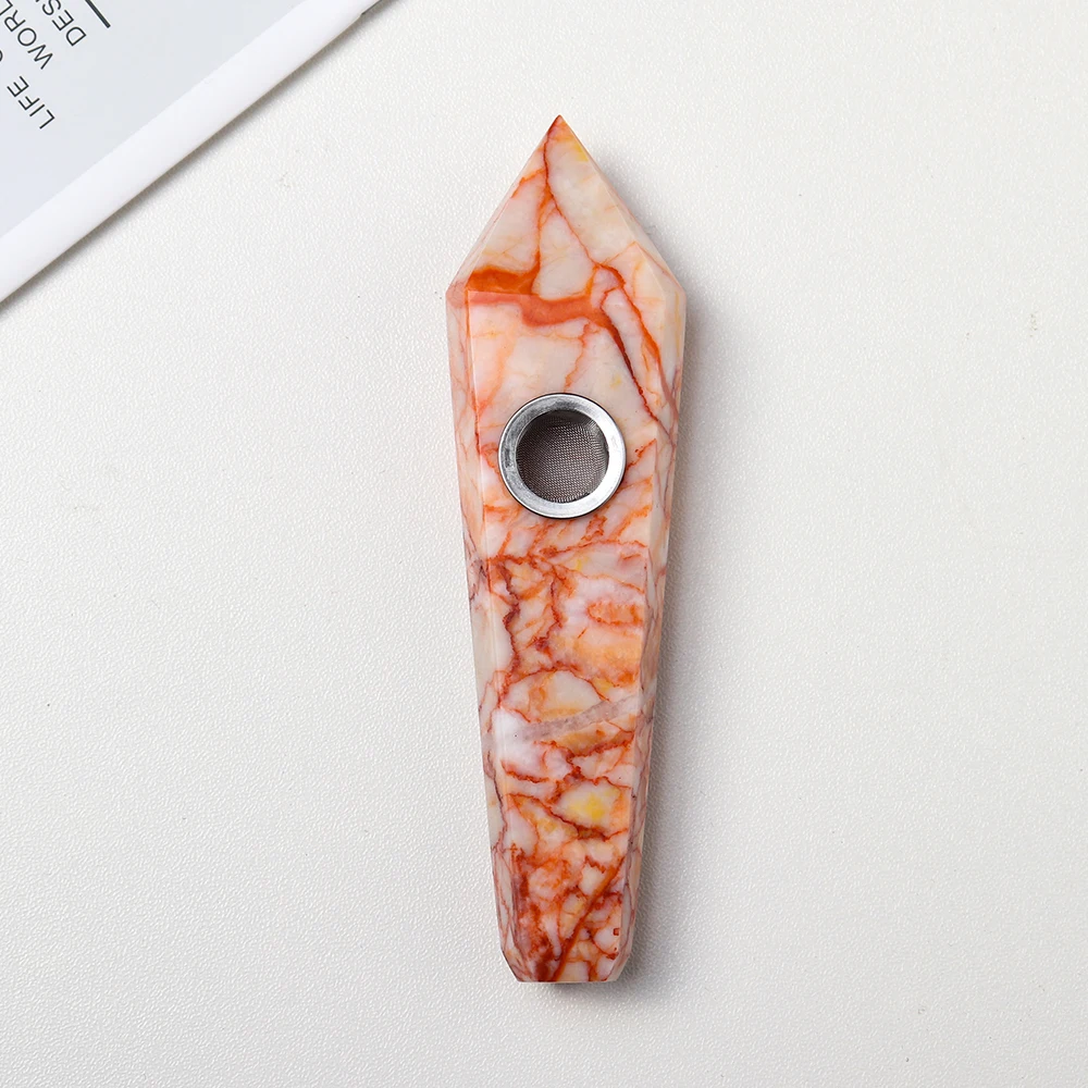 

wholesale Natural crystal stone Red grid smokey pipe healing quartz jewelry crystal point wand gemstone, Picture