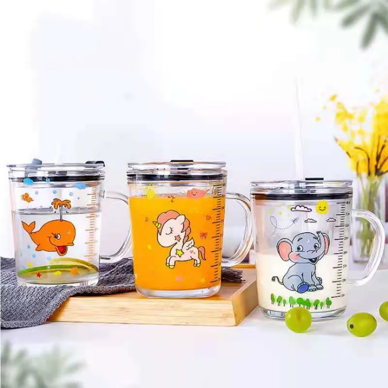 

Cartoon sippy cup children's milk glass with handle scale breakfast glass milk cup