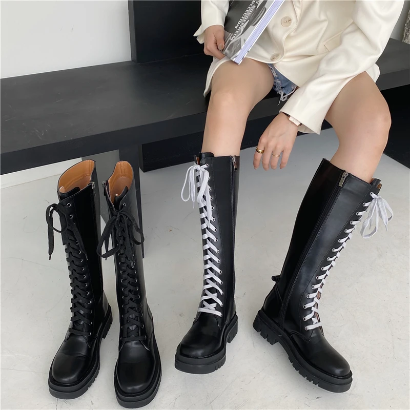 

113498 Fall winter fashion chunky heel eyelet lace up design Roman women shoes side zip up round toe knee high lady long boots