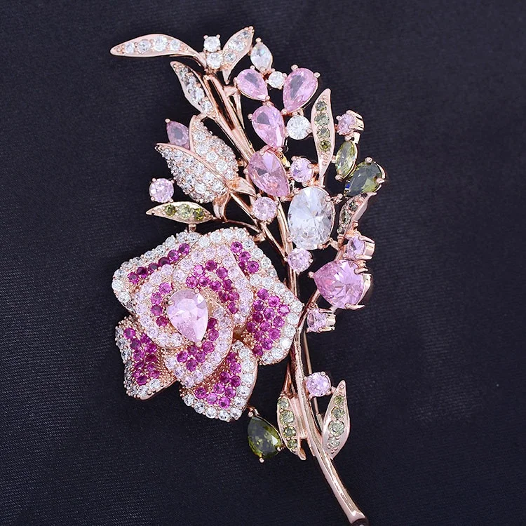 

Wholesale luxury women pink flower full zircon extra large decorative safe jewelry brooches