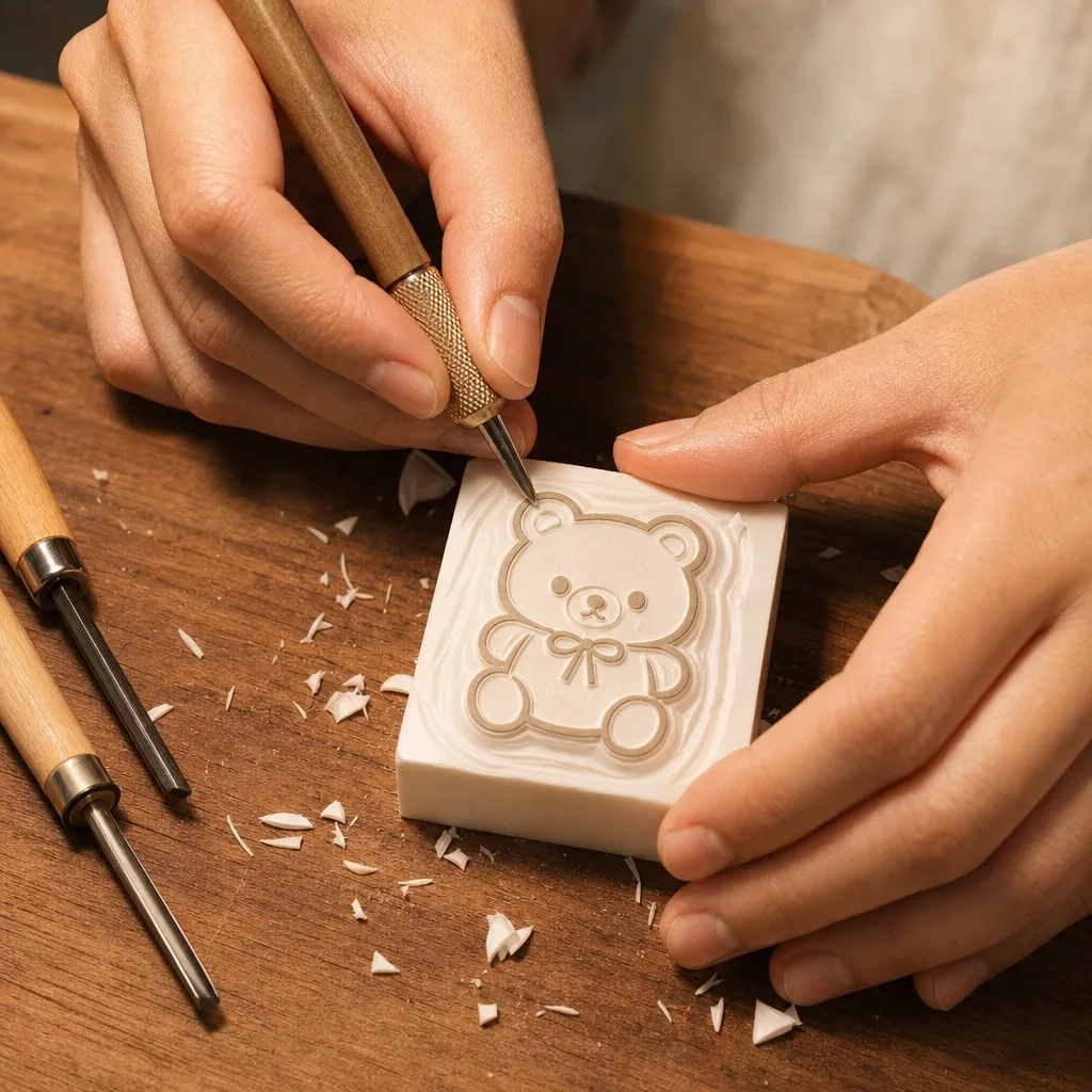 Premium kawaii character stamps gift set with six 3D character toppers and open gift box showing three stamps in purple velvet