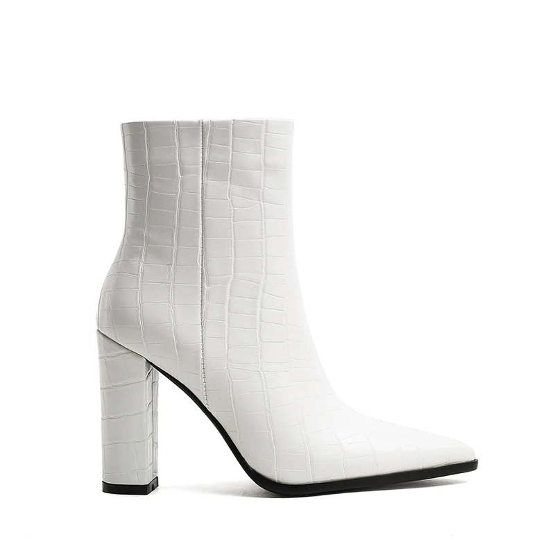 

WETKISS Quality Made Women Fall Winter Boots Pointed Toe White Boots Crocodile Shoes Heeled Boots Women Shoes, Black, white