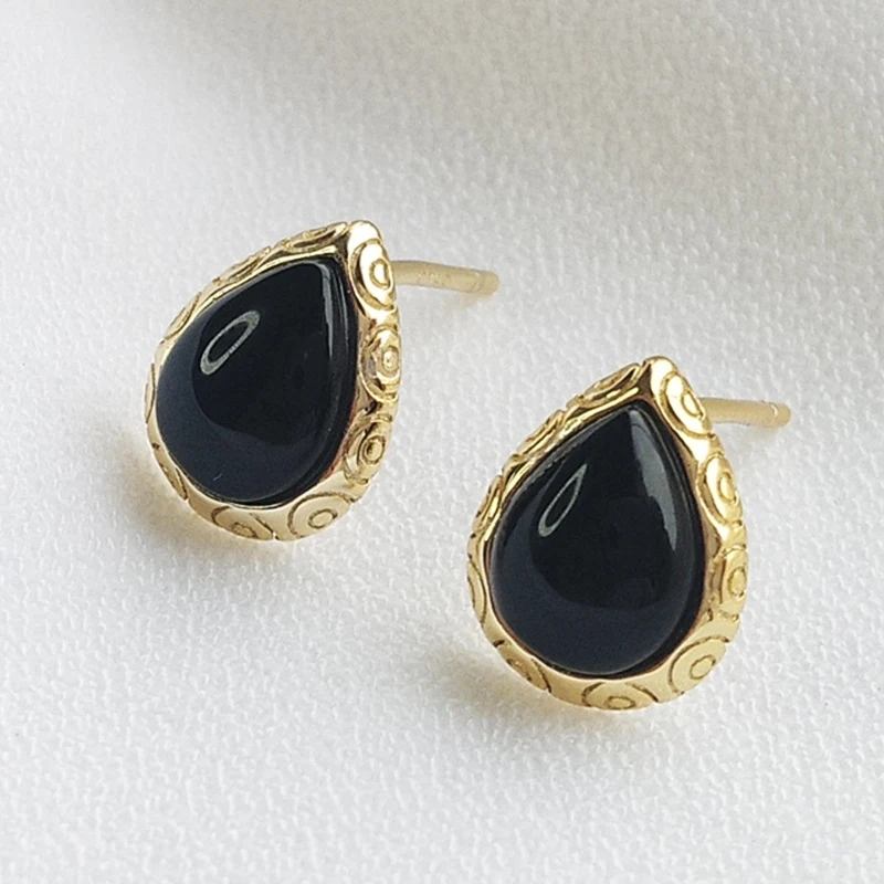 

Natural Stone Black Agate 925 Sterling Silver Fine Jewelry Gold Plated Women Drop Earrings for Girlfriend Birthday Gift