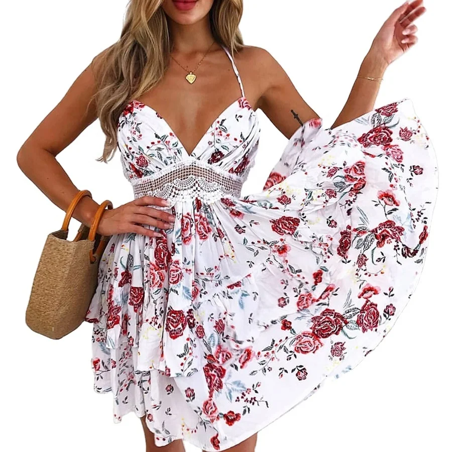 

Young Hot Girl floral Dresses Ladies Sexy Strapless V-neck Backless mini Sexy bohemian Beach dress 2021