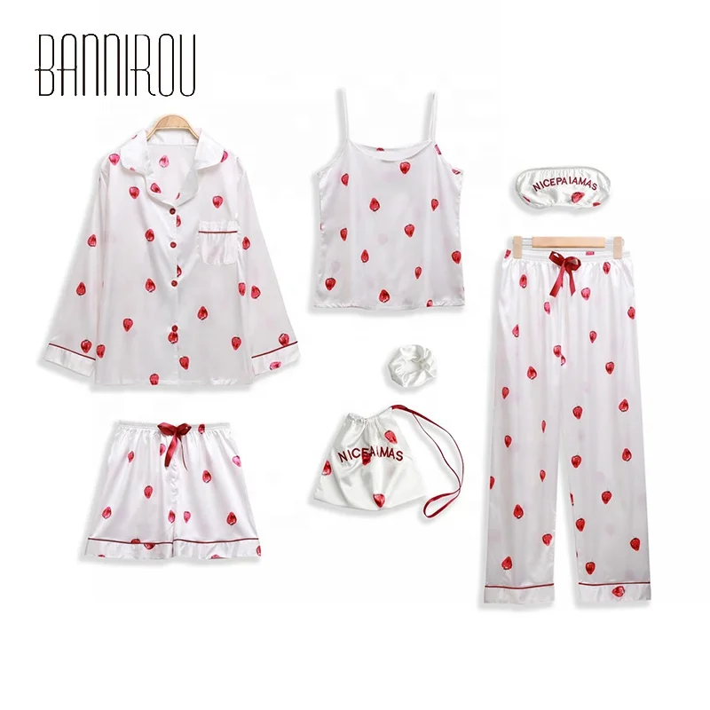 

sleepwear for women 7 pcs pajamas sets women's pyjama set silk print 3 colors M-XL