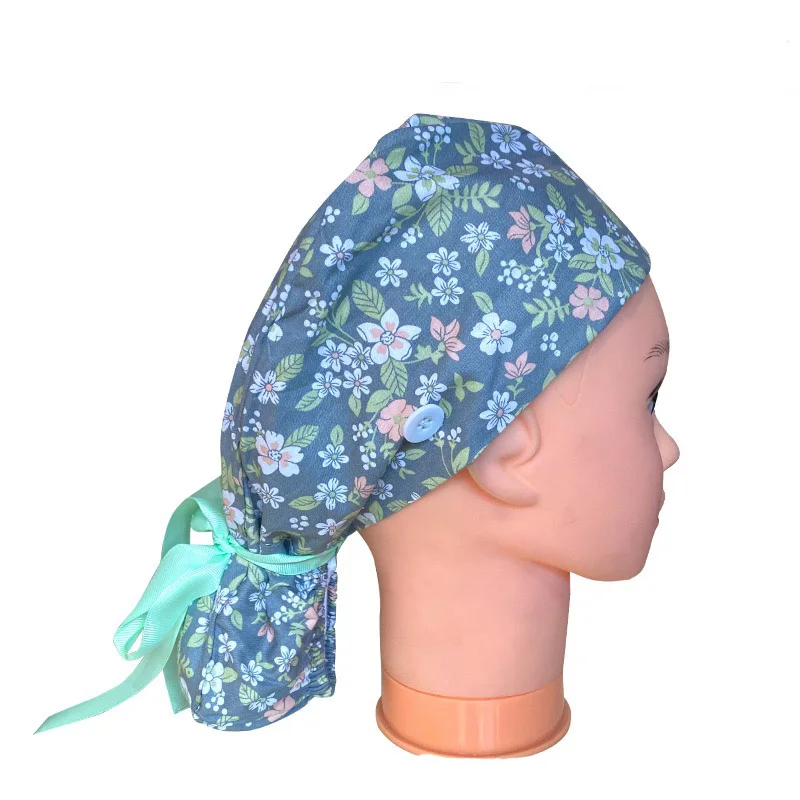 

Women Doctor Nurse Buttons Scrub Cap wtih Ponytail Ties, Solid dyed&printed