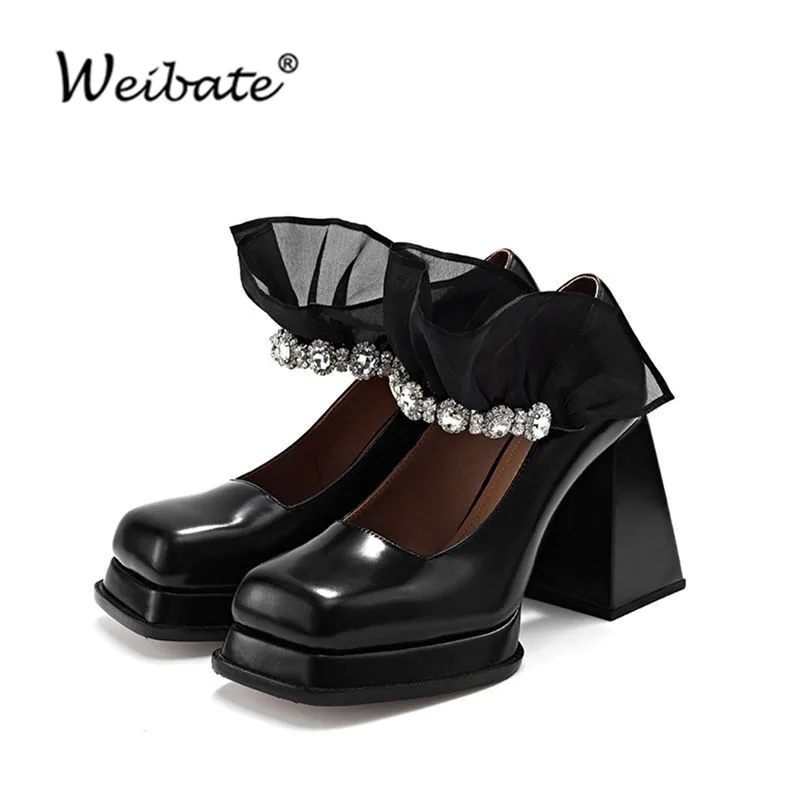 

Vintage Mary Jane Shoes Women Lace Rhinestone Buckle High Heels Women Thick Heel Square Toe Pumps Women 2021 INS Hot Recommend