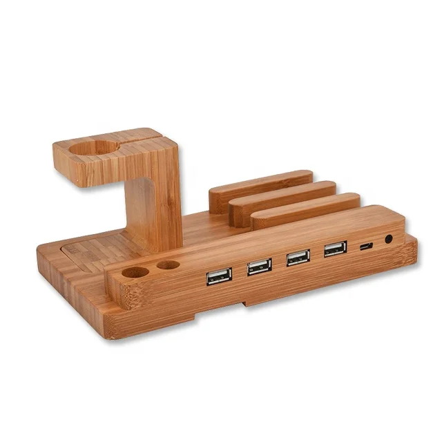 

USB Ports Desktop Charging Dock Station Bracket Stand Bamboo Wooden Mobile Phone Holder, Wooden bamboo