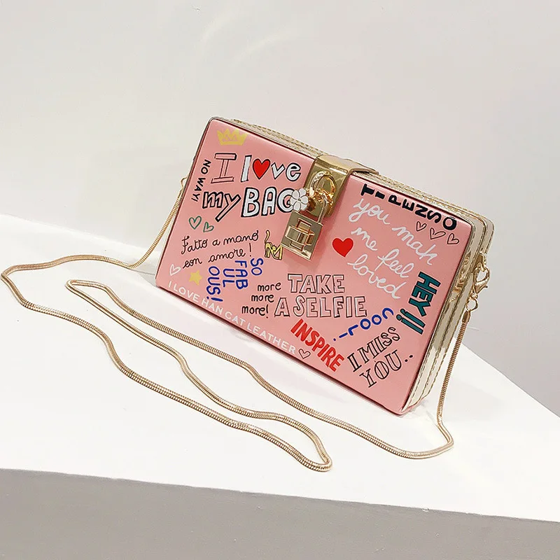

Korean Version Box Small Square Bag Fashion Chic Chain Crossbody Bag 2021 Graffiti Casual Ladies Bags Women Shoulder, White, light gray, orange, pink