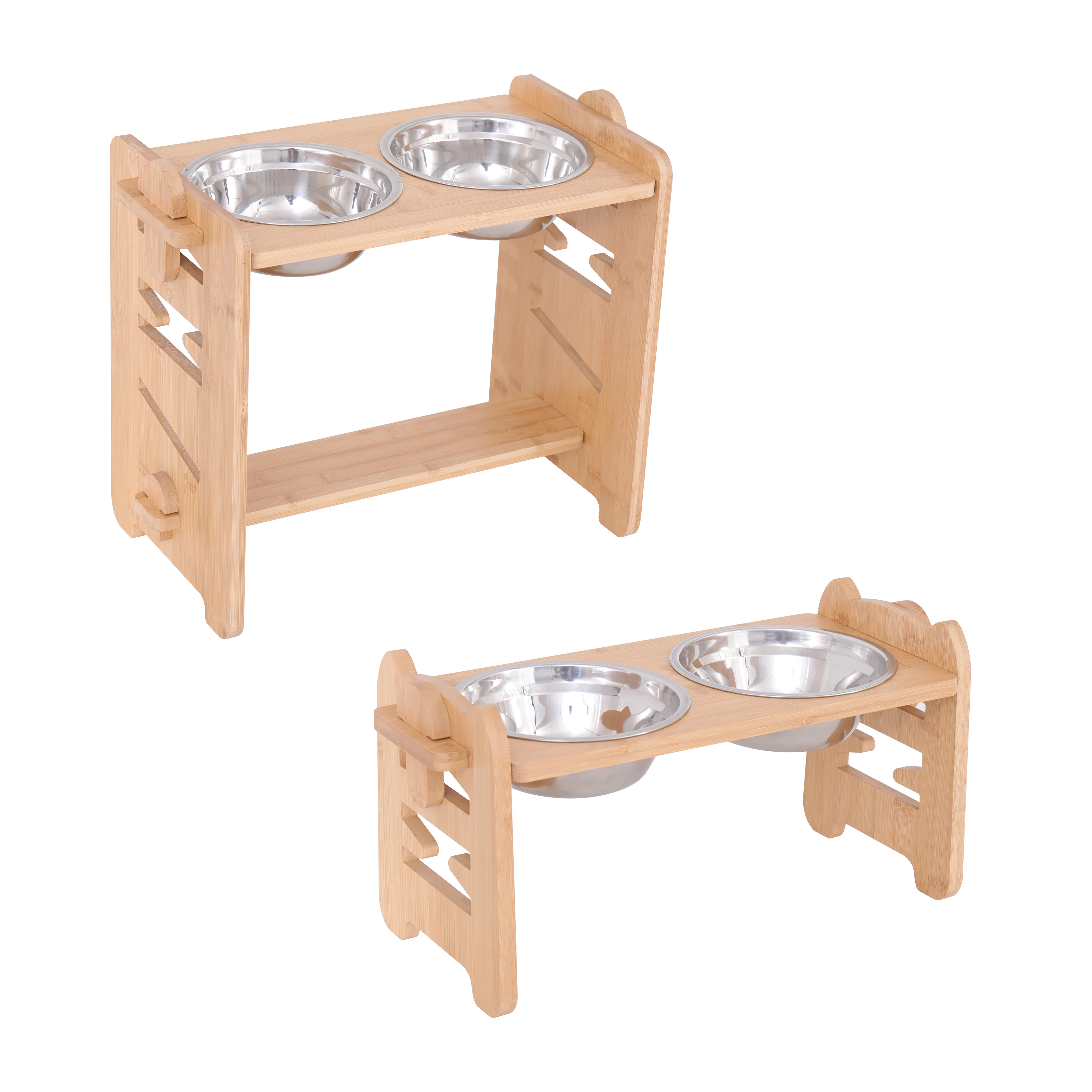 

Amazon hot sale 2 Stainless Steel Bowls Pet Dog Natural Bamboo Food Feeder, Natural wood color