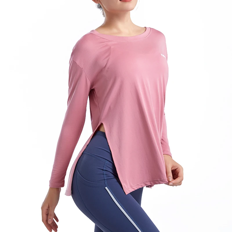 

OEM ODM Cutout breathable long Sleeve playful crossover Activewear popular crew neck Solid color Tops sexy Women lettering top