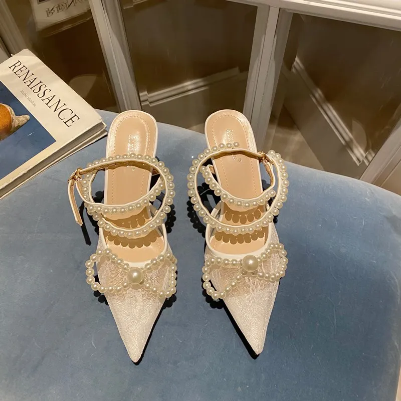 

Spot 2022 Spring Pearl Strap Slim Heel Women's Pumps